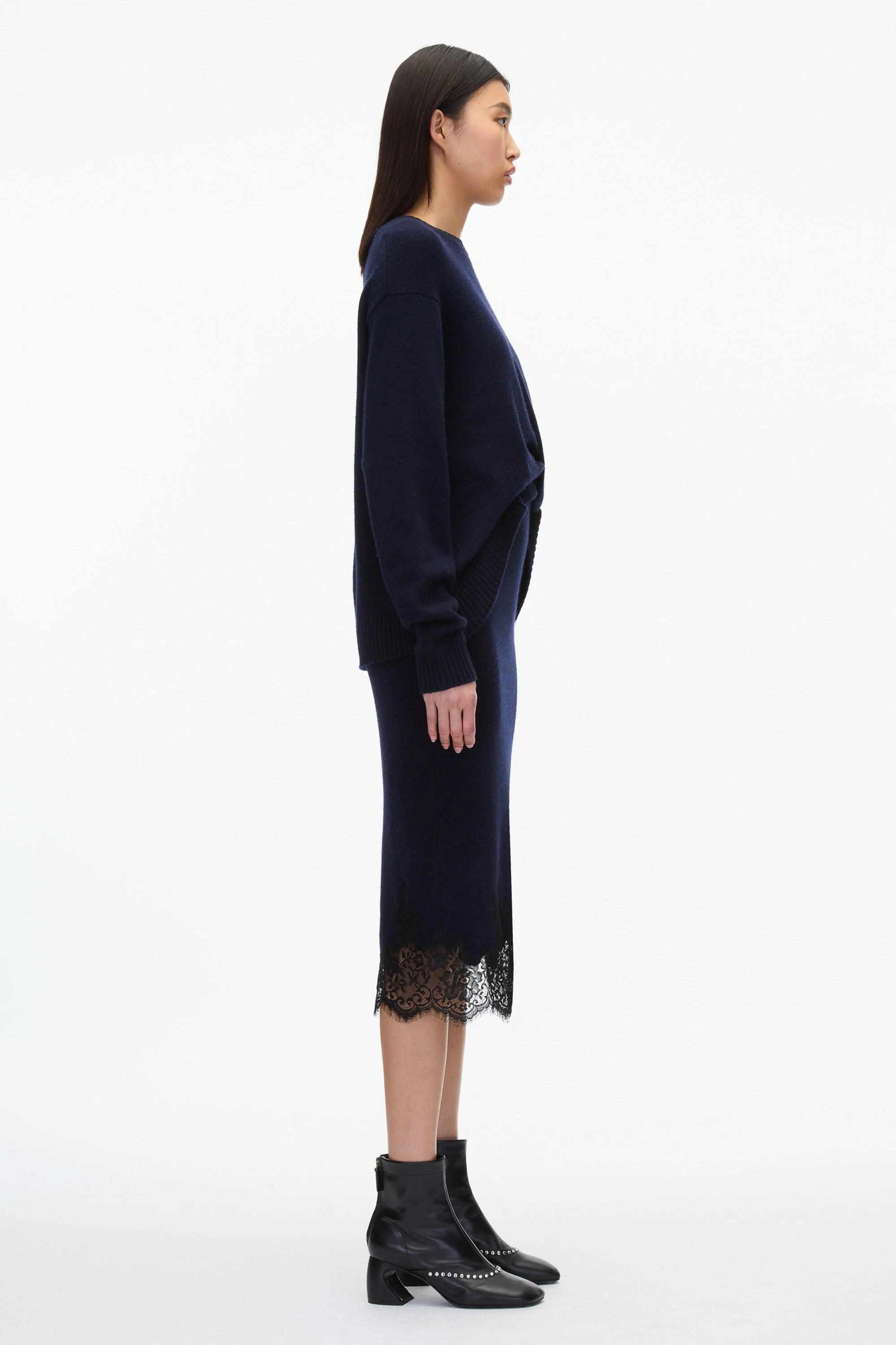 French Tuck Knit Dress with Lace Trim - Image 3