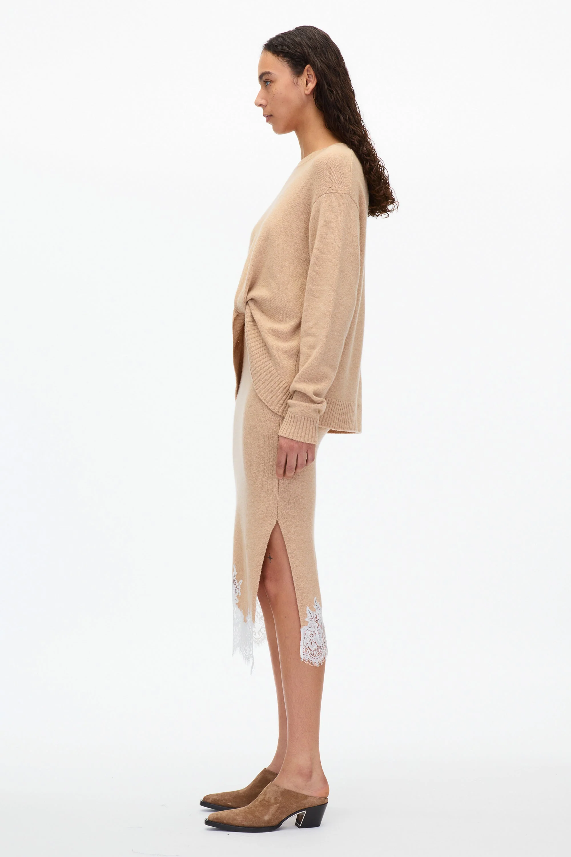 French Tuck Knit Dress with Lace Trim - Image 8